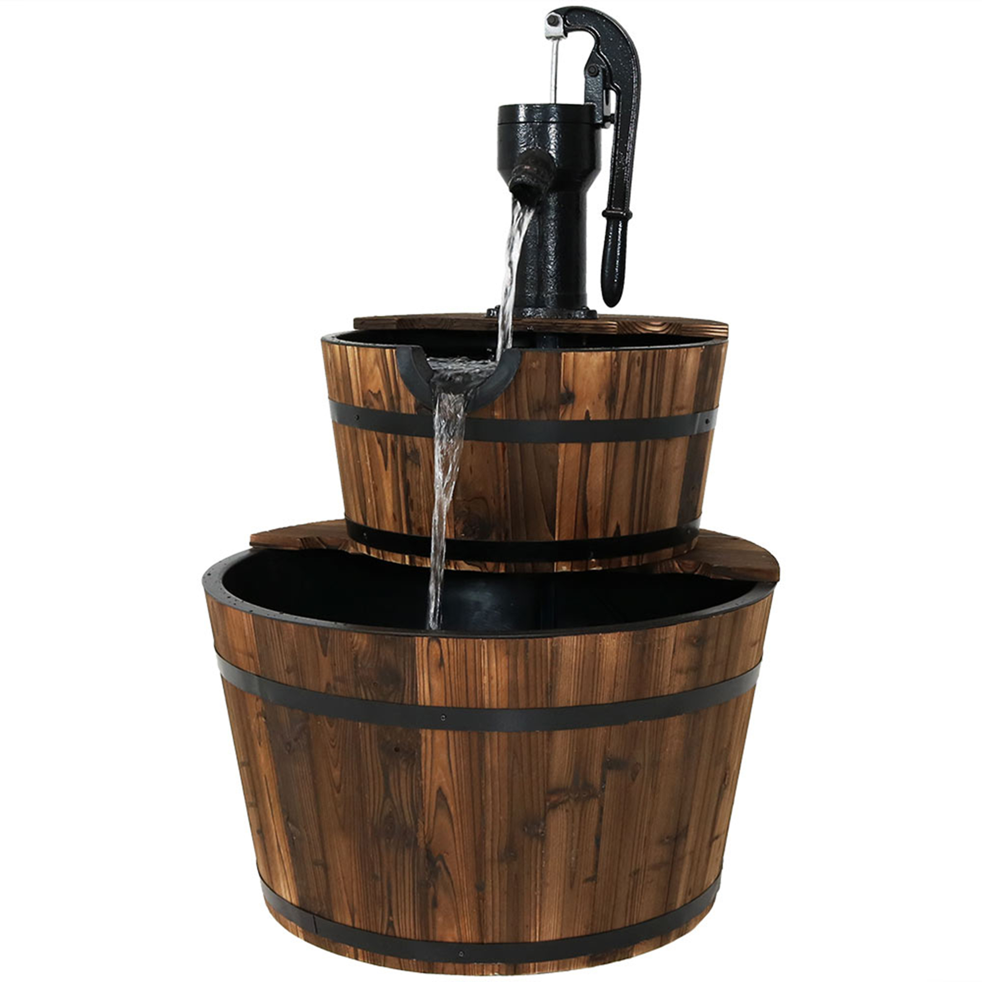 Sunnydaze Decor, Rustic 2-Tier Wood Barrel Fountain with Pump - 34in., Model# DSL-055